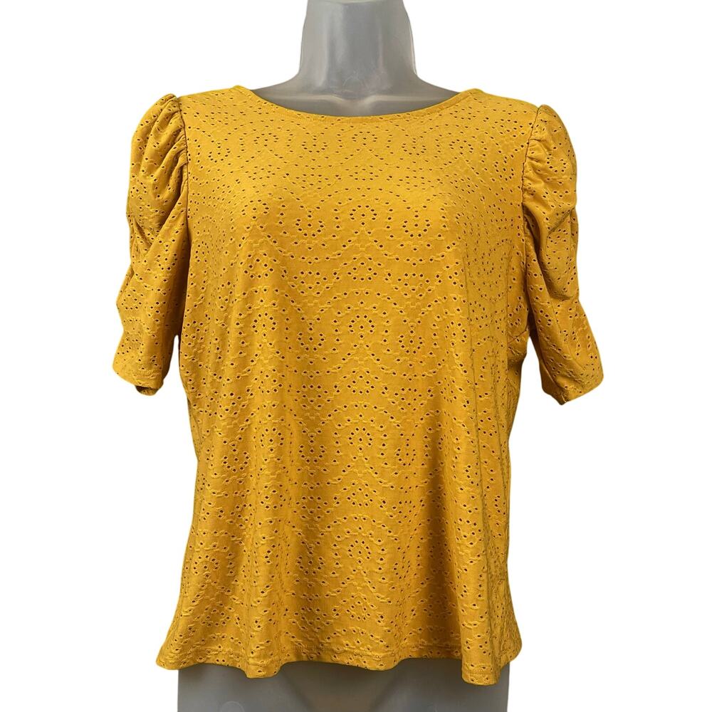 W5 Anthropologie Womens Puff Sleeve Top SZ L Eyelet Cottagecore Goldenrod Yellow